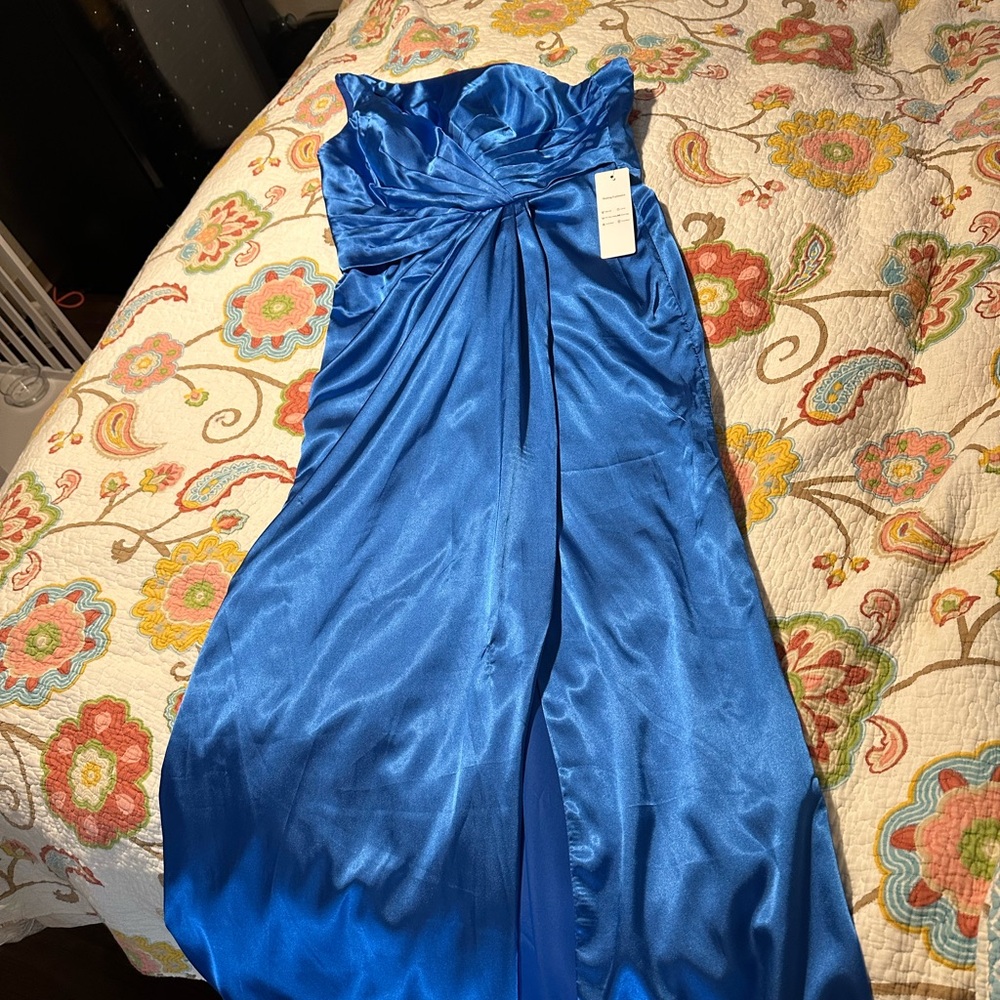 JJs House Strapless Satin Gown in Bright Blue